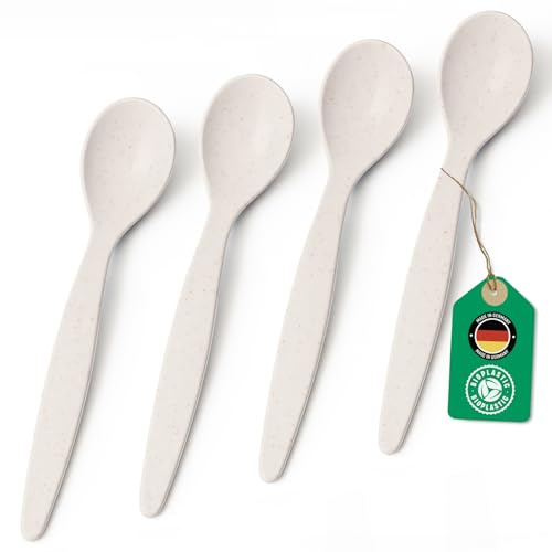 Bio Löffel 4er Set – 14 cm Mehrweglöffel Eierlöffel BPA-frei, spülmaschinengeeignet & recycelbar – aus Zuckerrohr, leicht & schadstofffrei – ideal für Kinder, Picknick & Alltag – Made in DE - Creme