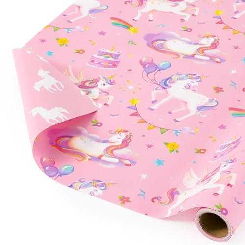 WERNNSAI 1 Rolle Einhorn Geschenkpapier 5m x 43cm Wendbar | Einhorn Geburtstagsparty Rosa Pink Dekoration Regenbogen Mini Rolle Geschenkverpackung für Mädchen Kinder