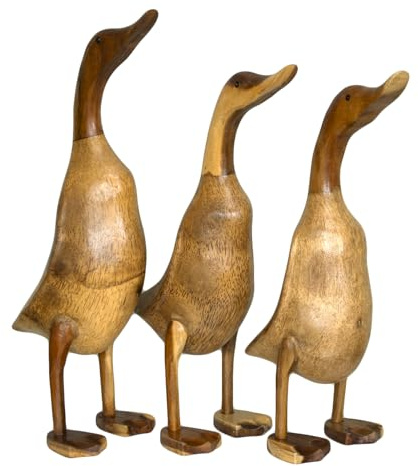Darthome Set Of 3 Large Teak Duck Sculptures 45cm Brown Standing Wood Bird Family Ornaments