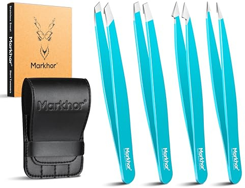 MARKHOR® Cyan - Set Profesional de Pinzas de Precisión y Pinzas Depilar para Cejas Vello Facial Astillas y Pelos Encarnados - Acero Inoxidable con Estuche (Pack de 4)