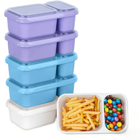 MEEYUU 6 Pack 2-Compartment Reusable Snack Containers with Lids, Reusable Snack Packs for Meal Prep Food Storage On-the-Go Snacking (White&Blue&Purple)