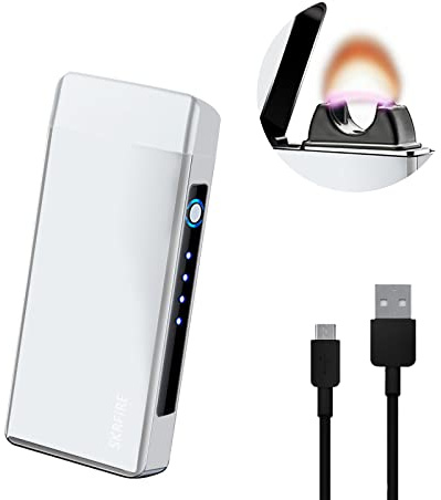 SKRFIRE Plasma Lighter, USB-C Rechargeable Windproof Arc Lighter with Battery Indicator - Flameless Electric Fire Starter for Camping, Kitchen & Home Use - Cool Gadget Gift (Ice Silver)