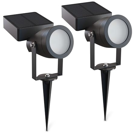 CALEX Casena Solar Garden Spotlight, Ground Spike, Warm White, 2-Pack | A soft 360-degree warm white glow, featuring a rechargeable 1200mAh battery for up to 14 hours runtime