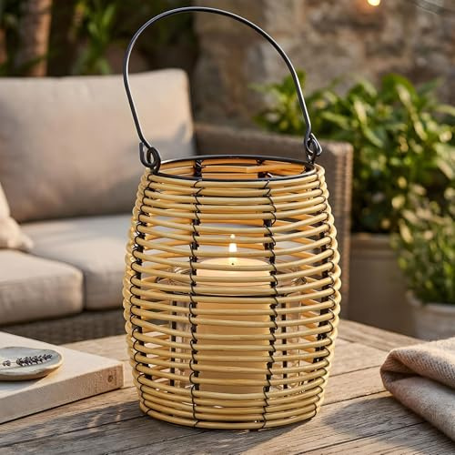 levandeo Deko Laterne Windlicht Natur Schwarz Metall Glas Tischdeko Kerzenhalter Geflecht Boho Sommer Skandi