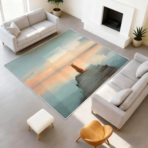 Teppich mit Druckmuster Ölgemälde Farbverlauf Teppich & Klettverschluss Tier-Motiv Fantasy Komfort Kätzchen Bootssteg Tiefblaues Meer Teppiche für Schlafzimmer Kinderzimmer Wohnzimmer - 60x120