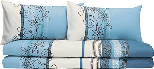 Erwin Müller Bettwäsche, Bettgarnitur Fein-Biber Blumen 4-TLG Sparpaket hellblau Größe 40x80 cm / 135x200 cm - hautsymphatisch, bügelleicht, mit Marken-Reißverschluss