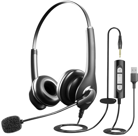 USB Headset, PC Headset with Mic with 3.5mm Jack Noise Cancelling Microphone, Lightweight Wired headphones with Mic for Call Center, Cell Phone, Computer, Office, Business, Skype, Zoom, Webinar