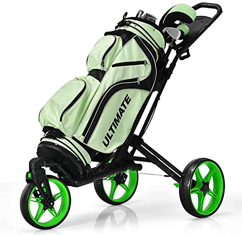 Tangkula Golf Push Cart with 360° Rotating Front Wheel, Aluminum Collapsible 3 Wheels Golf Pull Cart, Golf Trolley w/Elastic Strap, Scoreboard Storage & Foot Brake, Height-Adjustable Handle