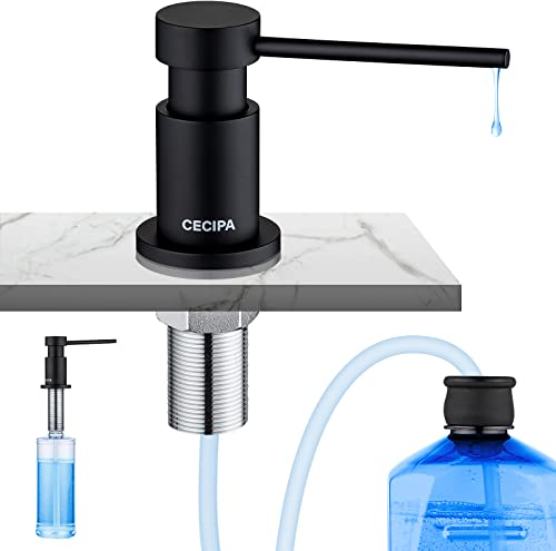 CECIPA Seifenspender Küche Einbau, Spülmittelspender für Spülbecken mit 300ML Flasche und 1,2 m Verlängerungsschlauch, Seifenspender aus Kupfer von Oben Befüllen, 360° drehbarer Pumpe, Schwarz
