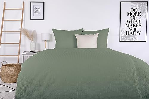 jilda-tex Seersucker ekologiska sängkläder uni, 100 % bomull Valencia sommarsängkläder (salviagrön, 155 x 220 80 x 80 cm)