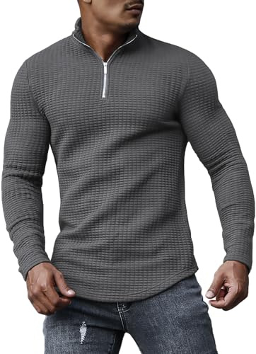 KUYIGO Men's Polo Shirt Quarter Zip Long Sleeve Sports Shirts Tennis Golf Ribbed Knit T-Shirt L Dark Grey