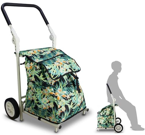 TMZ Shoppingvagn med säte, shoppingväska med hjul, vikbar shoppingvagn, stor vagn 120 liter hackporsch, väska avtagbar för shoppingvagn (blommor och blad)