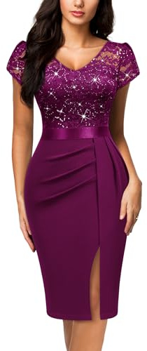 MIUSOL Women's Vintage Floral Lace Sequin V-Neck Split Ruched Business Party Cocktail Formal Wrap Pencil Dress (Medium, Maroon)