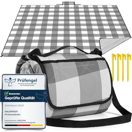 HAUSPROFI Picknickdecke 200x200 cm, wasserdicht & isoliert - Outdoor Decke für Picknick, Strand, Camping, mit Baumwolle gepolstert, inkl. Tragegriff & Heringe, Tragbar, Waschbar & formstabil