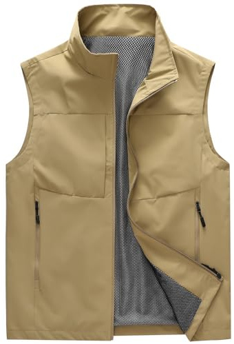 KUDMOL Gilet Homme sans Manches d'Extérieur avec Multi-Poches Veste de Pêche Homme sans Manches Imperméable Respirant de Loisirs à Séchage Rapide(Kaki,L)