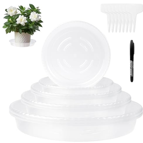 Transparent Plant Saucer with Label, 8 Pcs Heavy Duty Clear Plant Drip Tray | Clear Flower Pot Trays Round, Transparent Garden Saucers, with 8 Label Deepened Flower Pot Plate for Garden Outdoor