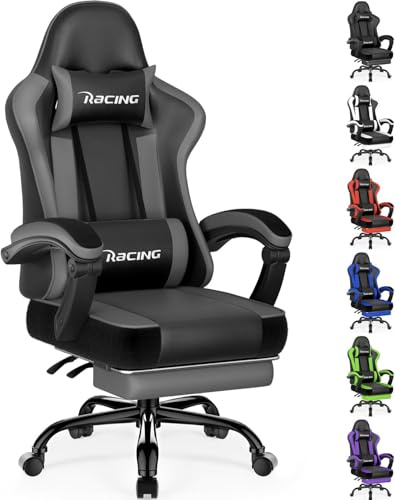 Homimaster Gaming Stuhl, Ergonomisch Gaming Chair mit verstellbare Lendenkissen und Kopfkissen, Gamer Stuhl mit Fußstütze, Gaming Sessel bis 150kg Belastbarkeit, 360° leise Gummirollen, Grau