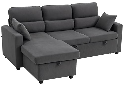 HOMCOM Ecksofa mit Schlaffunktion L-Form Sofa Schlafsofa mit Bettkasten, Kissen, 3-Sitzer Wandelbare Eckcouch mit Cordoptik Schlafcouch für Wohnzimmer, Gästezimmer, Dunkelgrau