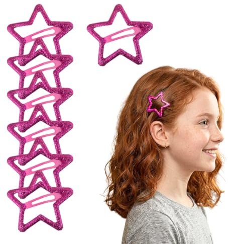 Righe e Pois Fermagli Capelli A Stella Glitter Clic Clac Mollette Per Capelli Da Donna e Bambina a Scatto Fermacapelli a Forma di Stella 5 CM - Set da 7 Hair Clip (Fucsia)