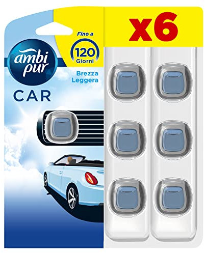 Ambi Pur Car Starter Kit Deodorante Per Ambienti Con Clip Alla Brezza Leggera Per Combattere Gli Odori Sgradevoli Dall’Auto, 2ml, 6 Pezzi