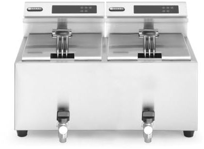 HENDI Freidora eléctrica digital, ajustable de 25°C a 195°C, termostato de seguridad, zona fría, con tapa y cesta de freír, grifo de drenaje, 2x8L, 230V, 3500W, 605x515x(H)345mm,acero inoxidable 18/0