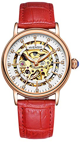 RORIOS Montre Mécanique Automatique Femme Lumineuses Montre Diamant Simulé Squelette Dames Montres, Rouge B, Sangle, Rouge B, Sangle