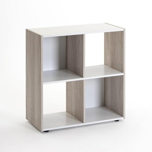 Estantería Cubo con 4 huecos de laminado blanco y roble claro de 62x60x30cm