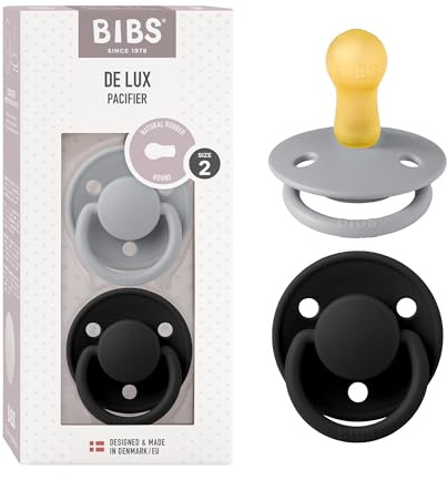 BIBS Pacifiers - De Lux Collection | BPA-Free Baby Pacifier | Made in Denmark | Set of 2 Cloud/Black Color Premium Soothers | Size 6-18 Months