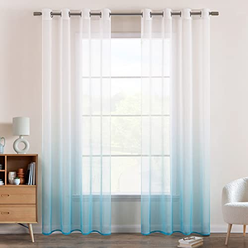 EMEMA Gardinen Transparent Vorhänge Voile Sheer Vorhang mit Ösen Farbverlauf Dekoschal Fensterschal für Schlafzimmer und Wohnzimmer 225 cm x 140 cm(H x B) 2er Set Weiß Blau