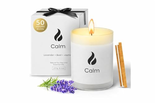 Natur IX Calming Organic Soy Scented Candles with Essential Oil | Natural Candles Non Toxic |Home, Birthday, Christmas Gifts & Aromatherapy | 50 H Burning | Lavender, Basil & Jasmine, 8.5 oz
