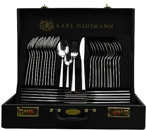KARL HAUSMANN Besteck Set 12 personen - 72-teilig - Essbesteck Spülmaschinenfest Rostfrei - BesteckSet aus Edelstahl - Schwarz Koffer - Cutlery set 12 People - Silverware Set - Bestecksets