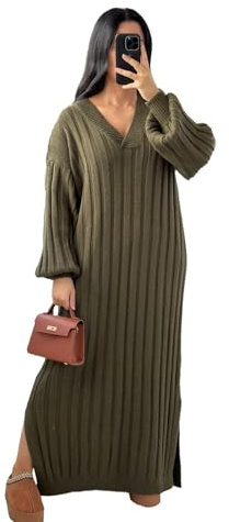 Hamishkane® Rib Knitted Side Slits V Neck Jumper Maxi Dresses for Women UK | Soft Rib Knit Fabric, V Neck Long Dress, Balloon Sleeve Silhouette, Side Split Feature, Warm Winter Wear, Casual Maxi Style