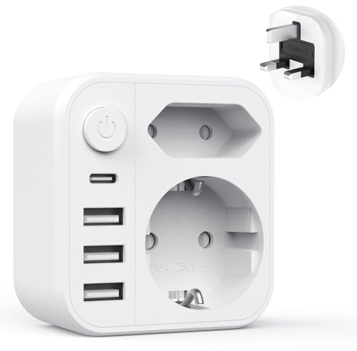 Clomnpe Adattatore da Viaggio Presa Inglese, Adattatore Inglese a Spina Italiana, Adattatore da viaggio UK con 4 USB, Adattatore UK per Regno Unito, Irlanda, Dubai, Maldive, Qatar, Adattatore Tipo G