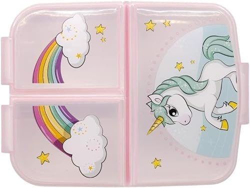 ILS I LOVE SHOPPING Porta Merenda Scuola con 3 scomparti Portamerenda in Plastica Bambini Pranzo Launch Box - BPA Free (Unicorno)