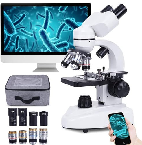 Ultra-HD DatorskäRm BinokuläRt Mikroskop, Elektroniska Okular + MobiltelefonhåLlare, 4 Objektiv HåL Undervisningsversion, Med LaboratorietillbehöR/Objektiv/Okularset,18000X