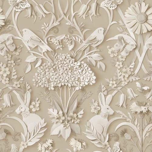 Fine Decor Dimensions Woodland 3D Effect Design Cute Animals, Rabbits, Bees, Birds and Leafs in a Soft Light and Natural Tone Wallpaper Perfect for Nursery, Kids Bedroom and Feature Walls (FD43606)