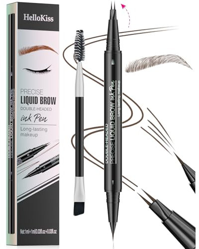 Curved Eyebrow Pen, 3D Waterproof Eyebrow Pencil Contouring Pen, Brow Pencil 2-in-1 Dual-Ended with Micro-Fork-Tip and Precise Brush-Tip Create Natural Hair-Like Brows, Last All-Day, Brown