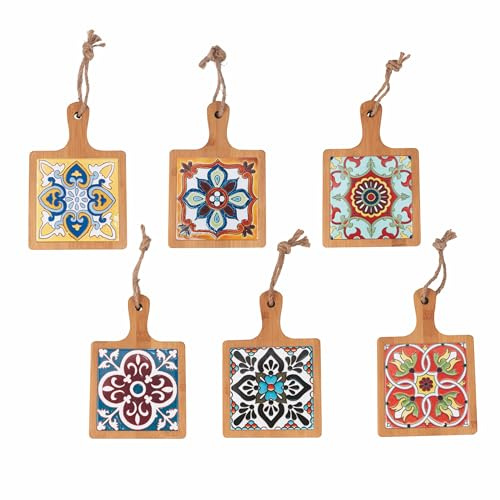 Villa d'Este Home Tivoli Juego de 6 tablas de cortar de madera de bambú y cerámica, 19,6 x 12,9 cm, Tradición