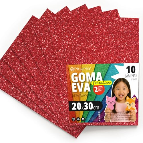 OFITURIA Glitzer-Moosgummi für Bastelarbeiten, Bunter Schaumstoff mit Glitzer für DIY, kreative Projekte, Kunst und Schule 20x30cm (Rot, 10 Stk)