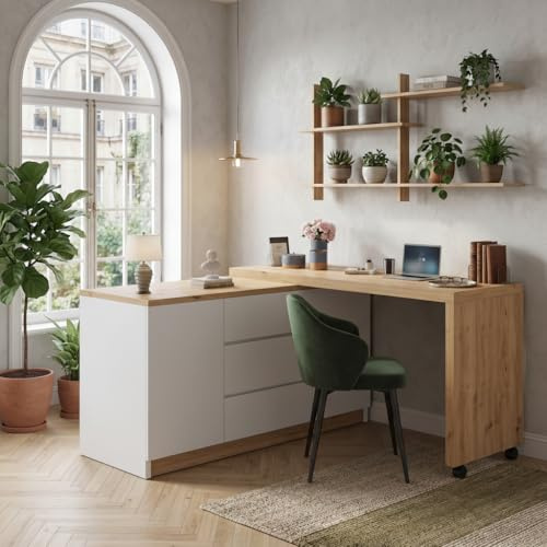 Ligterra Escritorio plegable, Escritorio con cajones, Escritorio de esquina, aparador, con ruedas con bloqueo, tablero giratorio, bloqueo fijo, 120 × 50 × 76,5 cm (blanco+roble)