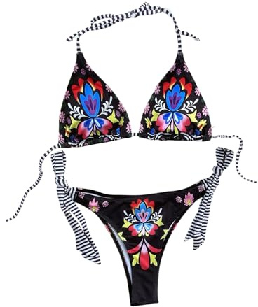 SweatyRocks Women's 2 Piece Floral Bikini Set Halter Triangle Tie Knot Bathing Suit Boho Swimsuit Black Small
