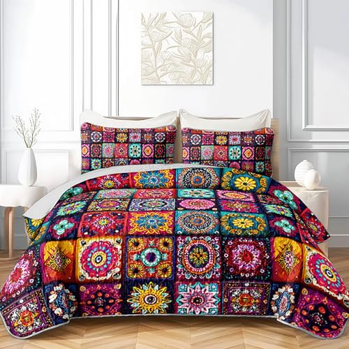 AILONEN Boho Floral Quilt Set Queen Size, Colorful Mandala Bohemian Ethnic Flower Bedspread Coverlet,Microfiber Bed Cover 3Pcs,2 Pillowcases