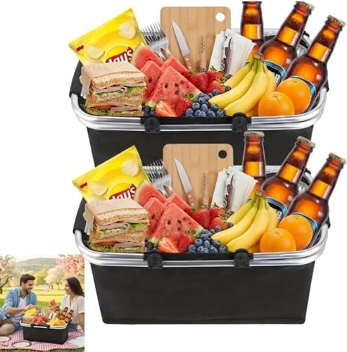 Vikbar, shoppingkorg med kylfunktion, termisk som picknickkorg, bärkorg, kylbox bärbar med vadderade handtag, för shopping, resor, picknick, 18 l, 2 stycken (svart)
