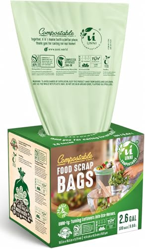 UNNI Compostable Trash Bags, 2.6 Gallon / 9.84 Liter, 100 Count, Extra Thick 0.71 Mil Small Kitchen Food Scrap Bin Liners, Certified by BPI, CMA & OK compost HOME, Meets the ASTM D6400 Standard