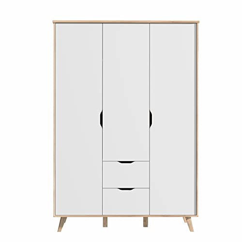 FORTE VANKKA Schrank 140 200, Kleiderschrank 2 Schubladen, Schlafzimmerschrank Jugendzimmerschrank, Kinderzimmer Skandinavisch 3-türig Weiß / Planked Eiche, 139 cm breit x 201.5 cm hoch x 53 cm tief