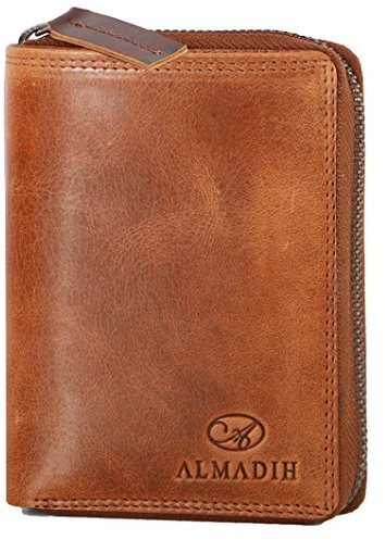ALMADIH Premium Leder Portemonnaie RFID-Schutz Hochformat mit Reißverschluss 17 Kartenfächer in Geschenkbox Rindsleder Damen und Herren Geldbörse Geldbeutel Portmonee Brieftasche braun (P2H-RV Tan)