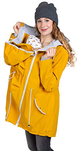 Viva la Mama – 4in1 Tragejacke PINA für Schwangerschaft & Babytragen (vorn & hinten) – Umstandsjacke Softshell Allwetter – senfgelb - M