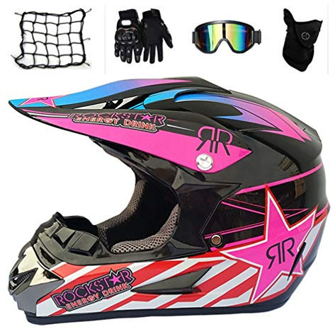 MRDEAR Motorradhelm Motocross Helm Damen mit Motorrad Netz Brille Handschuhe Maske, Schwarz und Pink/Rockstar, Adult Off-road Enduro MTB Helm Fullface Crosshelm Schutzhelm Sicherheit Schutz,L