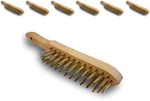Brosse métallique à main professionnelle | Lot de 6 | 4 rangs fils durs | Acier rond laitonné | Manche bois | Sortie du fil 30 mm | 29 * 3,5 cm | Kibros 7404x6