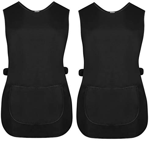 Pack of 2 Ladies Womens Tabards Black Kitchen Cleaning Chef Overall Catering Tabard Apron with Pocket Side Button Fastening